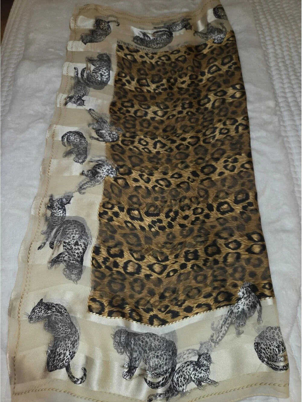 Anne Klein For Collection XIIX Brown Beige Leopard Animal Silk Scarf Vintage